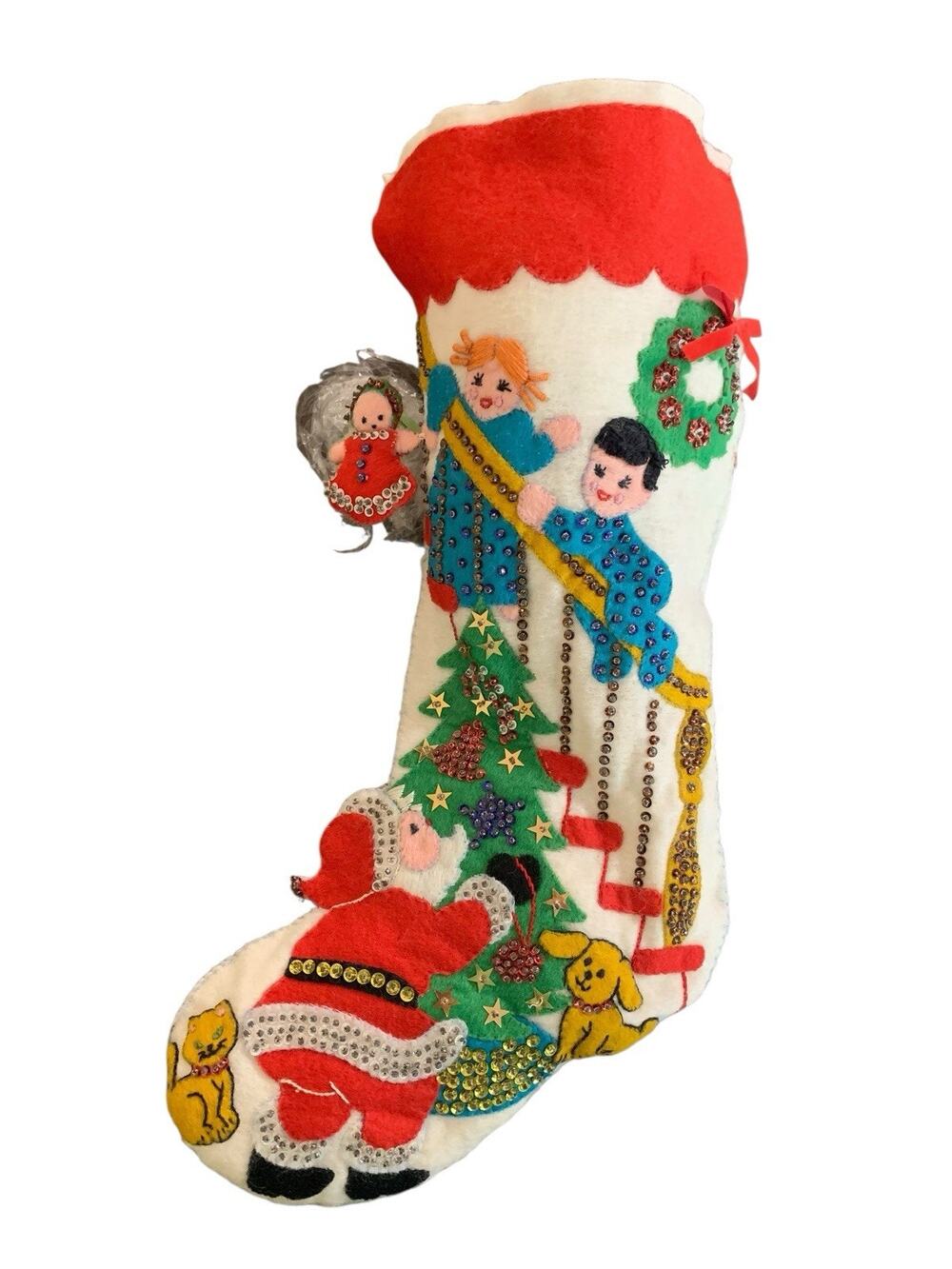 Bucilla‎ 6423 Children Staircase Santa 1979 Sequin Christmas Stocking Vintage